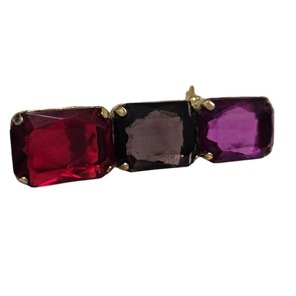 1980s Mod Red Purple Pink Brooch Geometric Rectangle Gold Trim C Clasp Closure - Picture 2 of 8